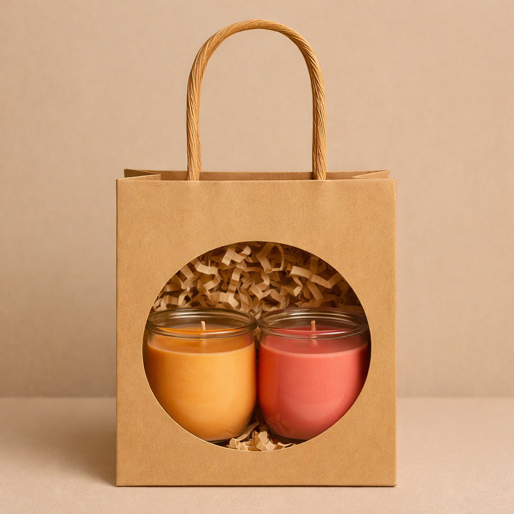 Geschenkset „Sommerlaune“ mit zwei Duftkerzen im WECK-Glas in Kraftpapier-Tüte mit Sichtfenster – Mango-Passionsfrucht und Beerenton auf hellem Hintergrund