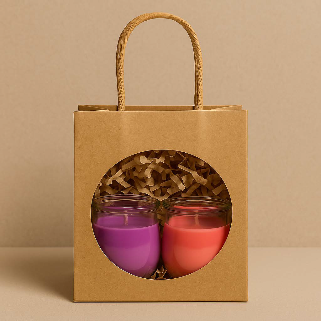 Zwei Mini-Duftkerzen in fruchtigen Farben, Sorten Mango-Passionsfrucht & Sommerpunsch, verpackt in einer Kraftpapiertüte – Duftset „Sommerlaune"