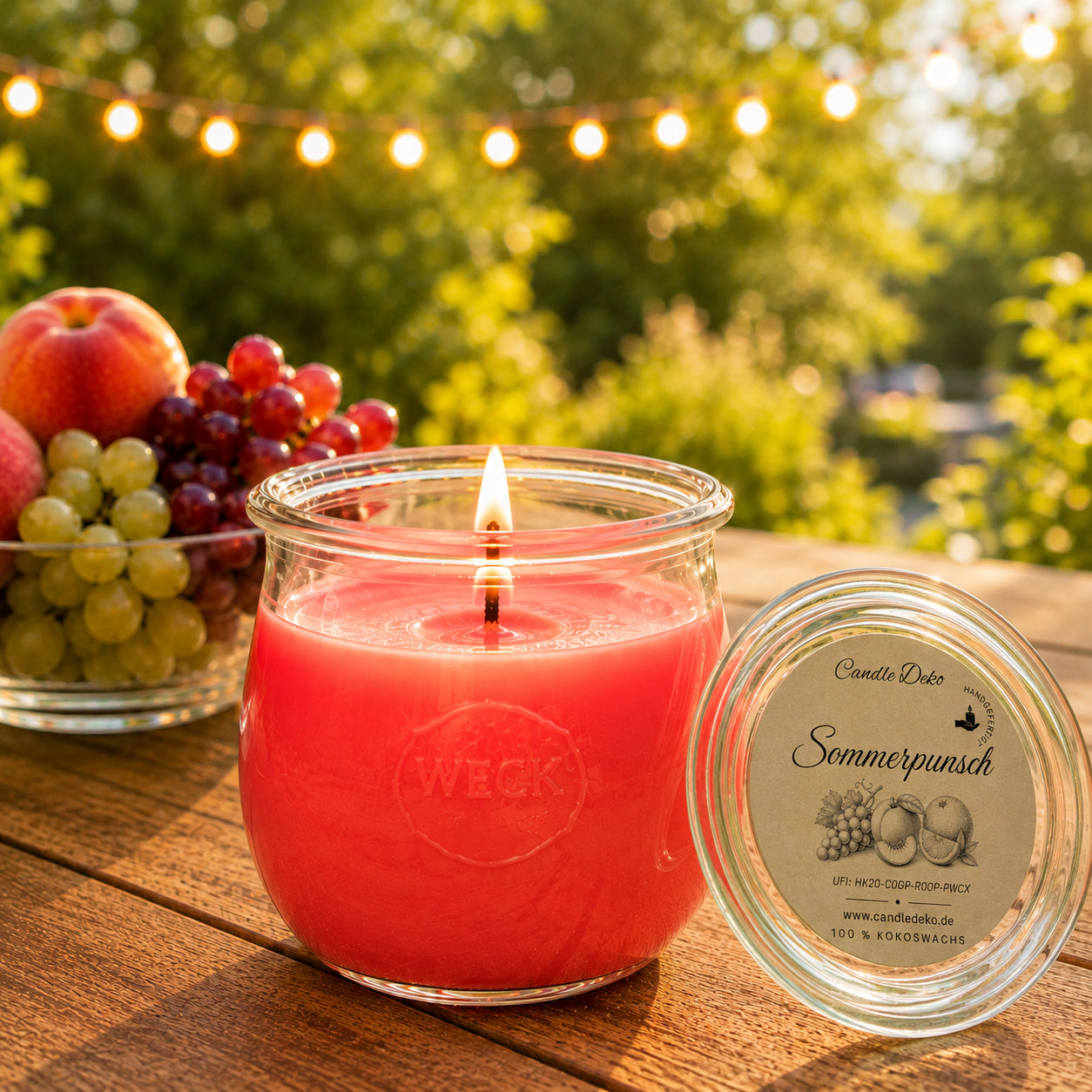 Sommerpunsch große Duftkerze aus Kokoswachs im WECK-Glas aus Kokoswachs mit Pfirsichen und Trauben im Garten