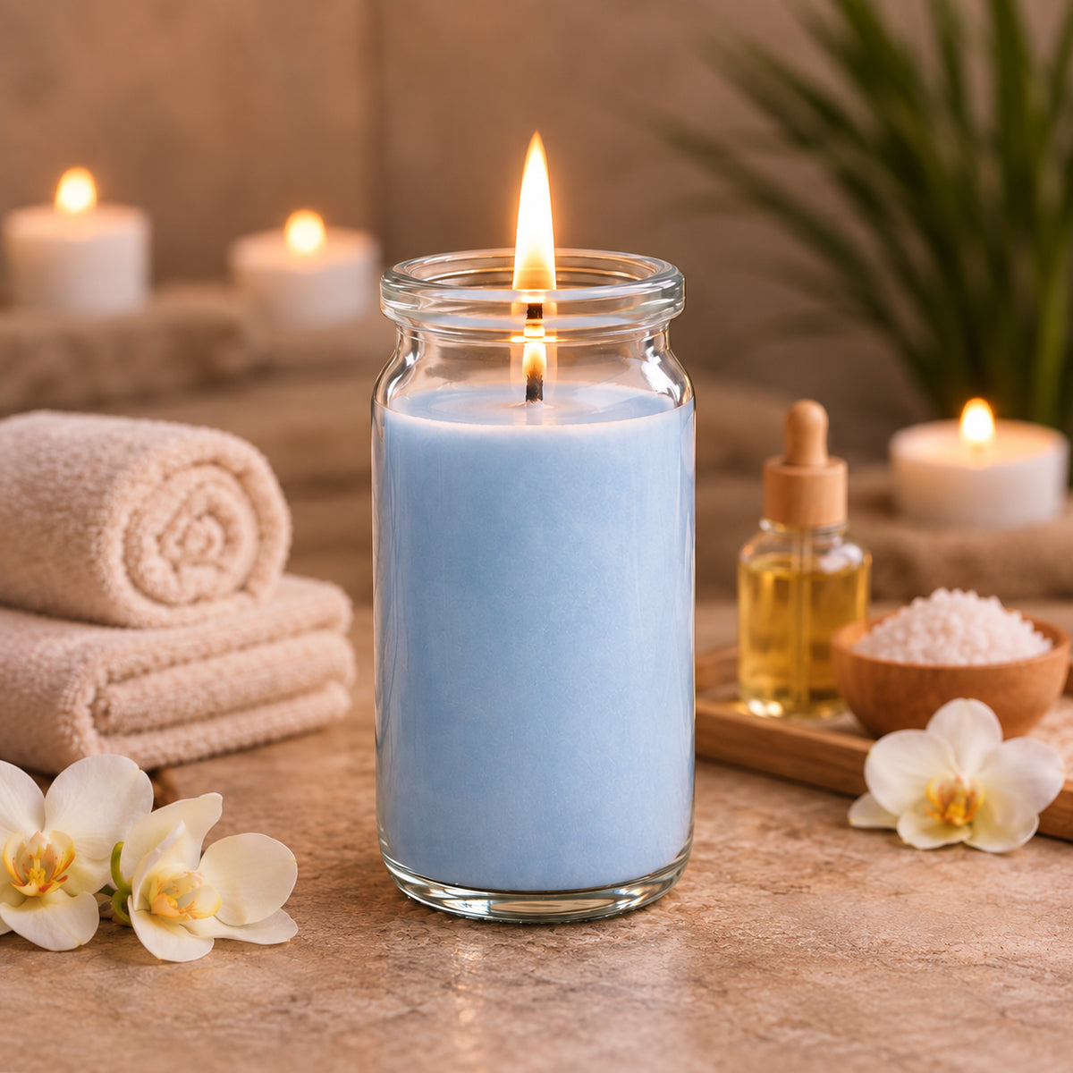 Spa Ritual kleine Duftkerze aus Kokoswachs im WECK-Tulpenglas von CandleDeko, neben flauschigen Handtüchern und Öl.