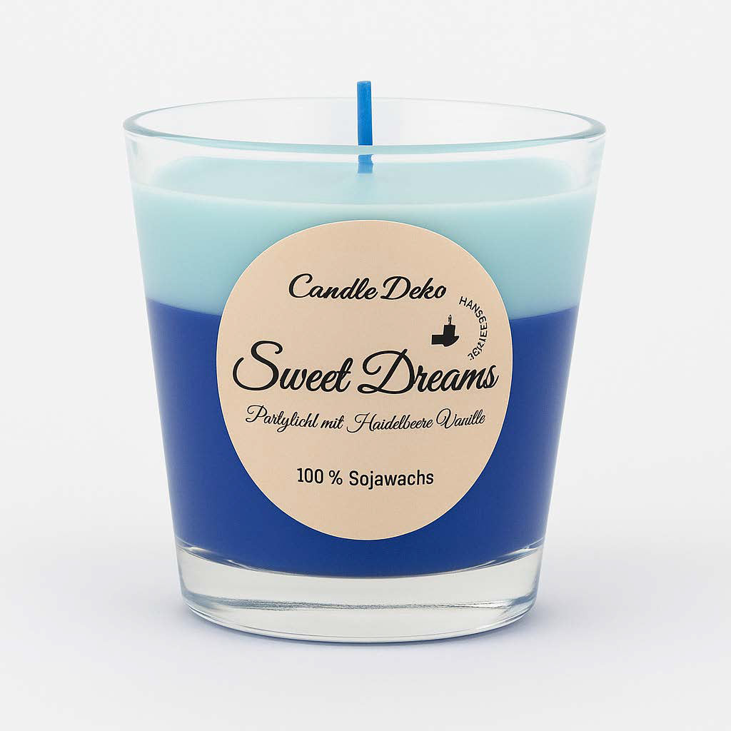 Zweifarbige Duftkerze „Sweet-Dreams“ in einem klaren Glas mit Etikett, bestehend aus dunkelblauer und pastellblauer Wachsschicht, auf einem Holztisch. Im Hintergrund weitere farbige Kerzen und unscharfe Pflanzen – warmes, natürliches Licht erzeugt eine gemütliche Stimmung.
