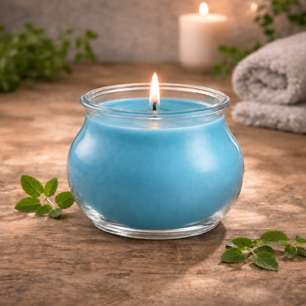 Anti-Tabak Grande Duftkerze mit 140 Std. Brenndauer aus Sojawachs im großen WECK-Glas von CandleDeko, türkisfarben und brennend mit edlem Holzkreuzdocht auf Holztisch neben Minzblättern.