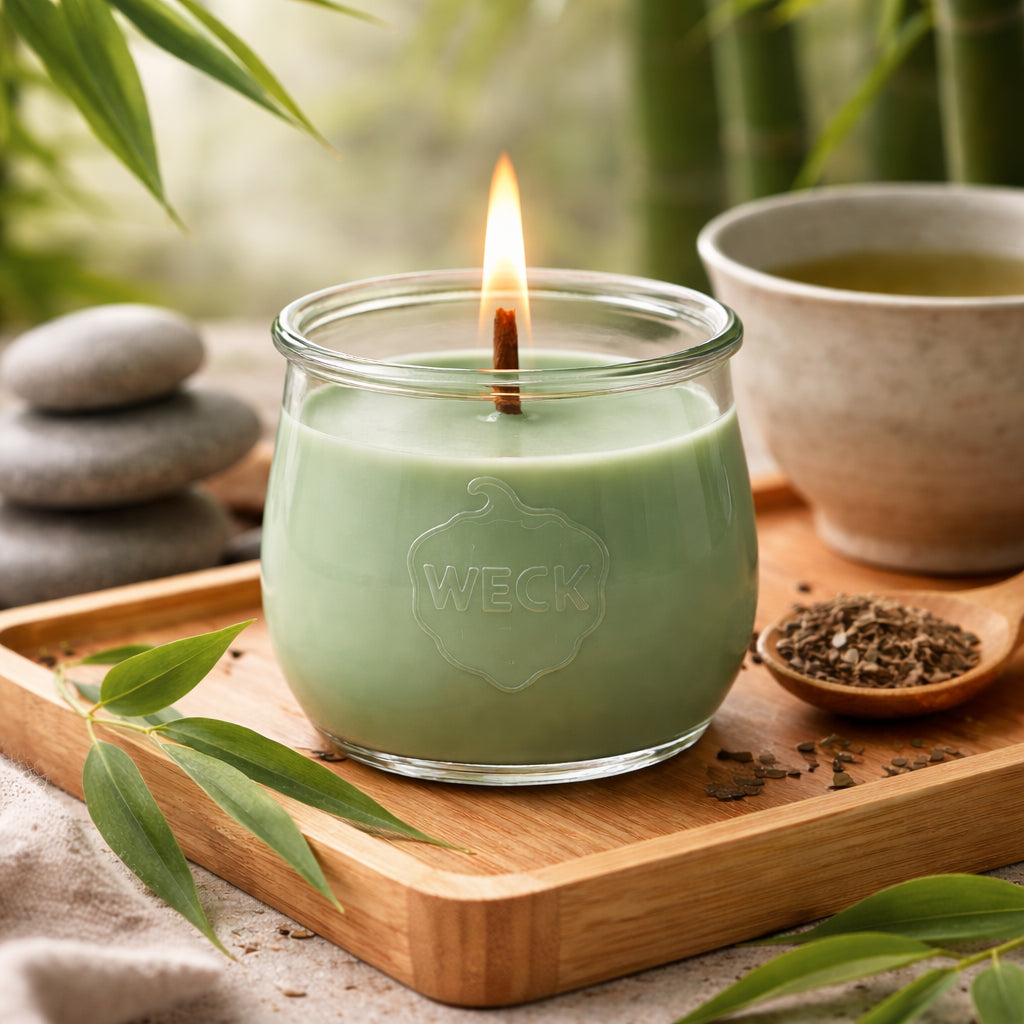 Duftkerze Teeoase in Salbeigrün, brennend im WECK-Glas auf Bambustablett, umgeben von Teeblättern, Grüntee und Naturdeko. Frischer Duft mit grünem Tee & Bambus.