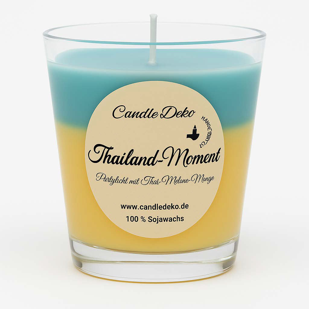 Duftkerze im Glas mit zwei Farbverläufen: oben mintgrün, unten mango-gelb. Auf dem Etikett steht "Thailand-Moment – Partylicht mit Thai-Melone-Mango".