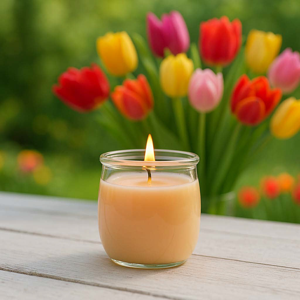 Brennende Duftkerze „Tulpe“ im WECK-Tulpenglas mit apricotfarbenem Wachs vor warm-beigem Hintergrund – neutrales Produktbild im CandleDeko-Stil.