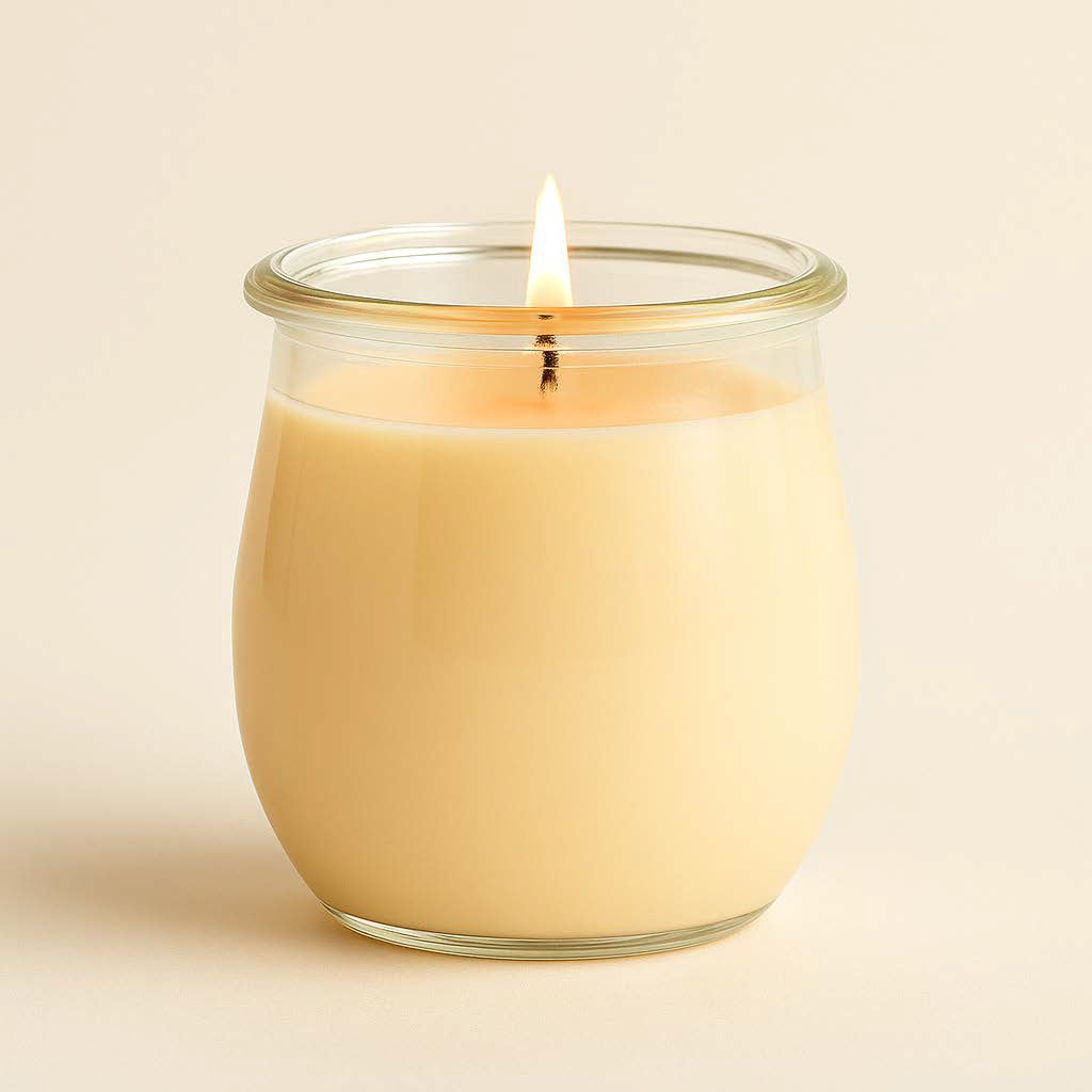 Brennende Duftkerze „Tulpe“ im WECK-Tulpenglas mit apricotfarbenem Wachs vor warm-beigem Hintergrund – neutrales Produktbild 