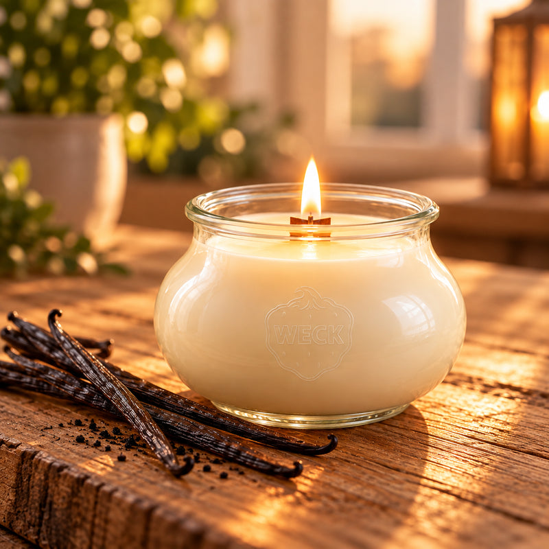 Vanille Duftkerze CandleDeko aus pflanzlichem Sojawachs mit edlem Holzkreuzdocht im WECK-Glas 