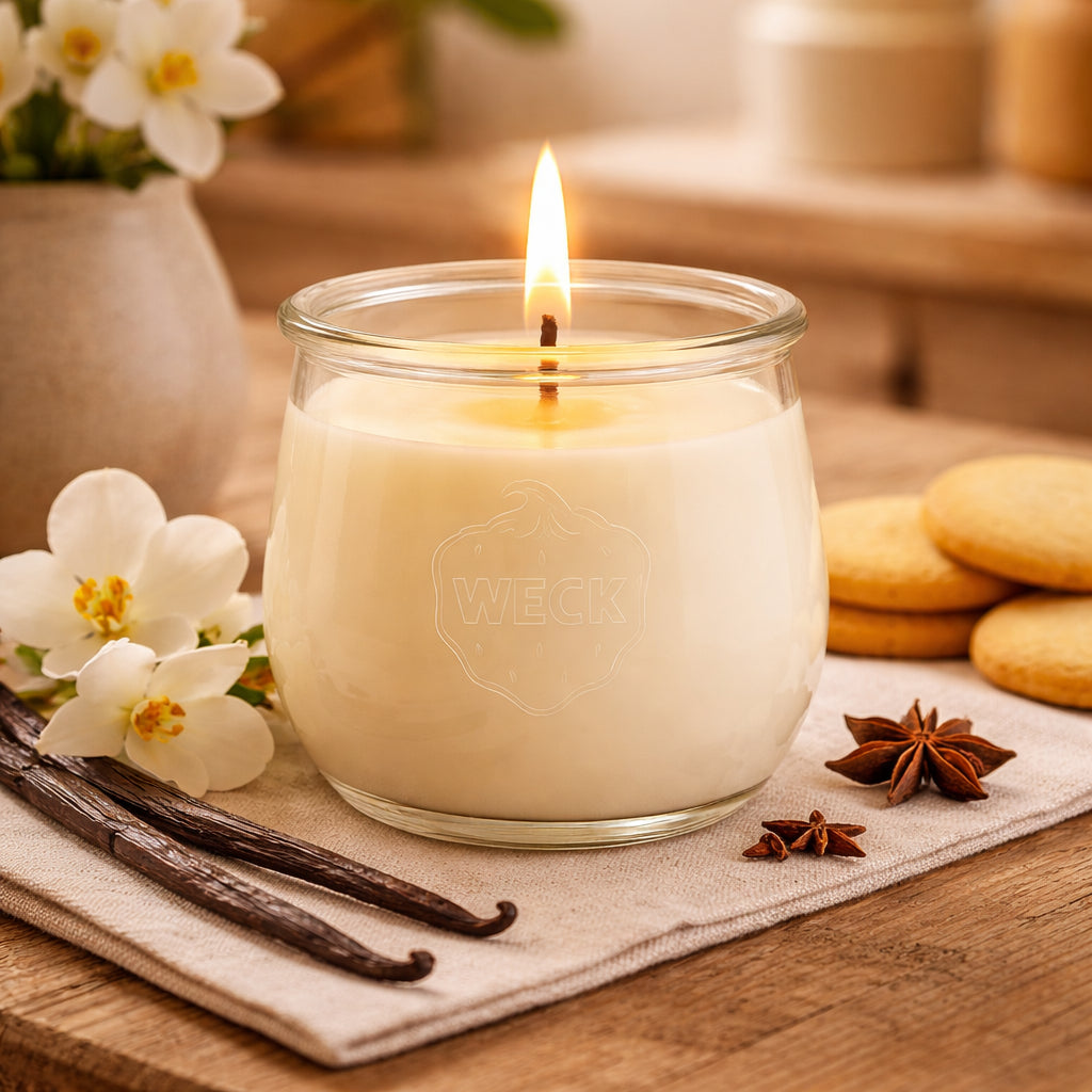 Duftkerze im WECK-Glas mit Vanilleduft, umgeben von Vanilleschoten, weißen Blüten und Gebäck auf Holzuntergrund – stimmungsvolles Bild mit warmem Licht