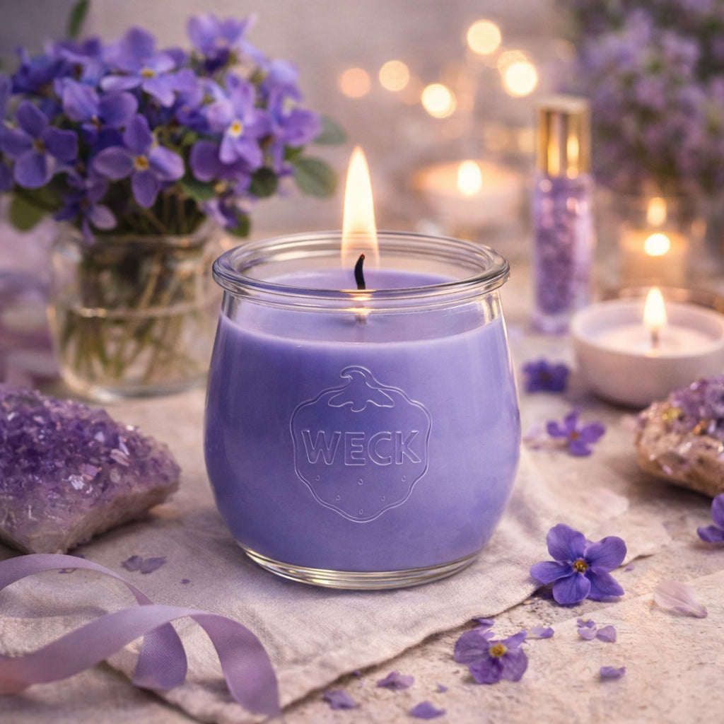 Veilchen-Duftkerze im WECK-Glas, brennend auf hellem Tuch – umgeben von frischen Veilchen, Amethysten, Teelichtern und sanftem Lichterglanz – romantische, stimmungsvolle Szene mit poetischem Flair.