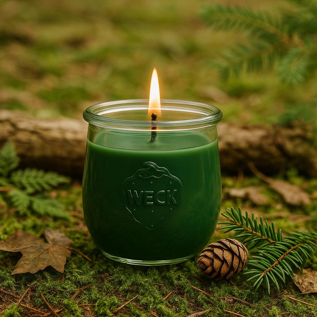 Brennende Duftkerze Waldduft im WECK-Glas mit moosgrünem Wachs auf einem sonnigen Waldboden mit Moos, Farn und Baumrinde. Natürliches Licht und ruhige Waldszene.