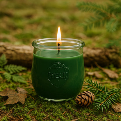 Brennende Duftkerze Waldduft im WECK-Glas mit moosgrünem Wachs auf einem sonnigen Waldboden mit Moos, Farn und Baumrinde. Natürliches Licht und ruhige Waldszene.