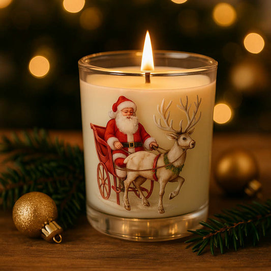 Angezündete Vanille Weihnachtskerze im weißen Wachs, im Glas mit Santa- und Rentiermotiv, dekoriert mit Tannenzweigen und goldenen Weihnachtskugeln, vor warmem Lichter-Bokeh