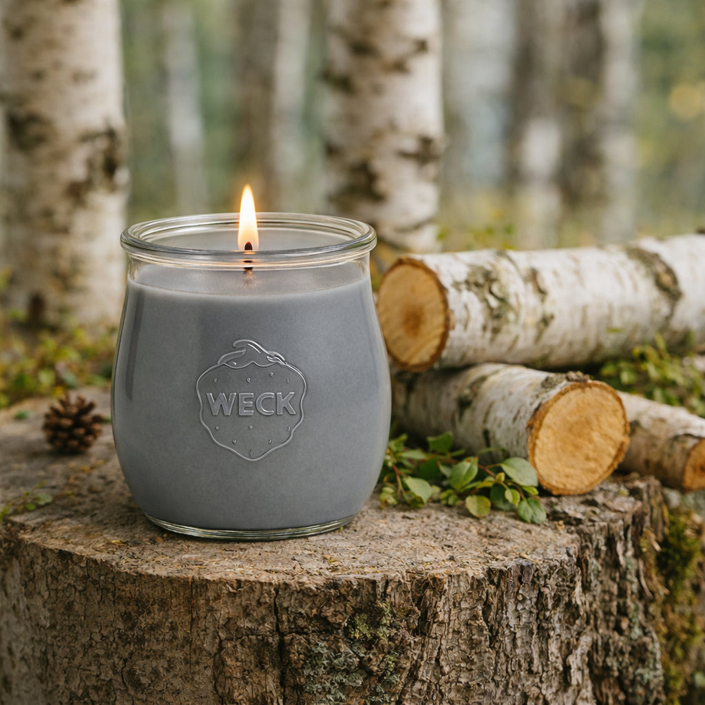 Weißbirke-Duftkerze im grauen WECK-Glas, brennend auf einem Baumstumpf im Birkenwald – natürliches Lifestyle-Bild mit Waldboden und Holzstücken