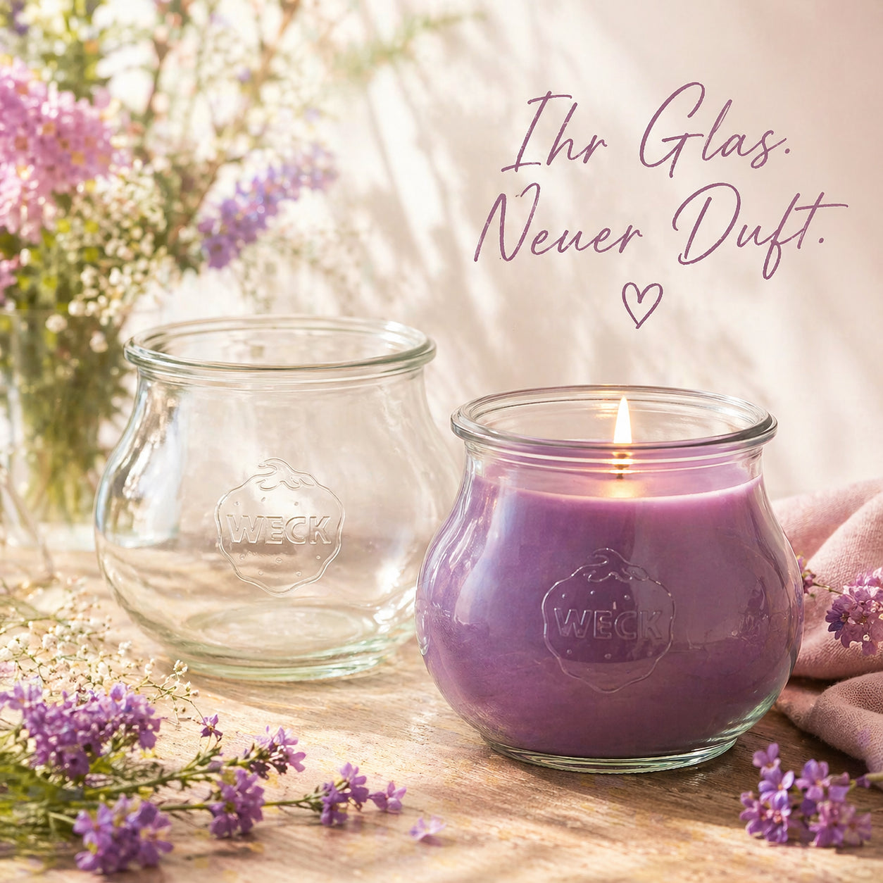 Wiederbefüllung Grande Duftkerze im WECK-Glas – leeres Glas und neu befüllte Kerze mit violettem Wachs