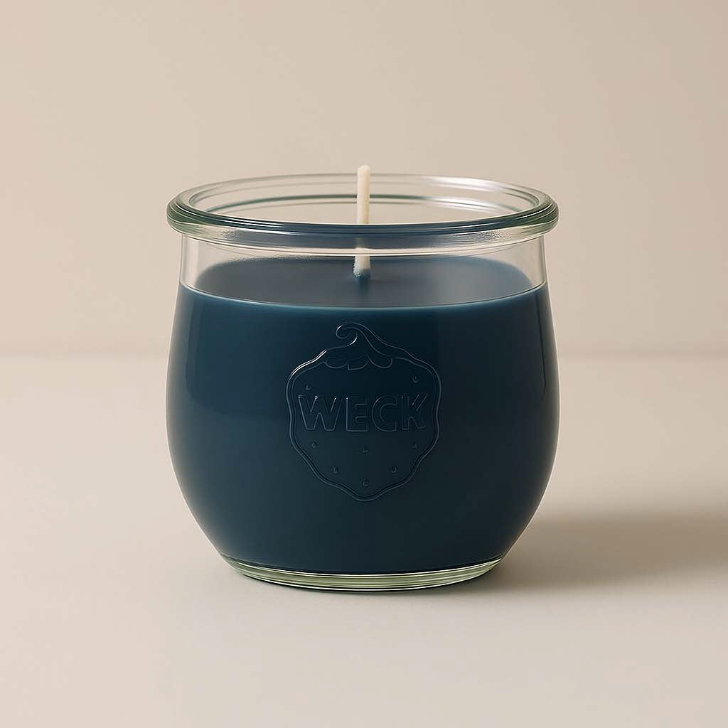 Graublaue Duftkerze Windstille im WECK-Glas, klassisches Design mit Baumwoll-Docht, neutrales Standardbild auf hellem Hintergrund