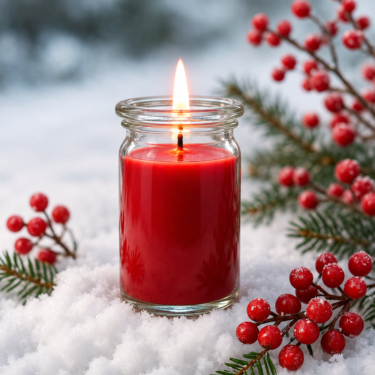 Winterbeeren kleine Duftkerze aus Kokoswachs im WECK-Tulpenglas von CandleDeko, neben roten Winterbeeren und Sternanis.