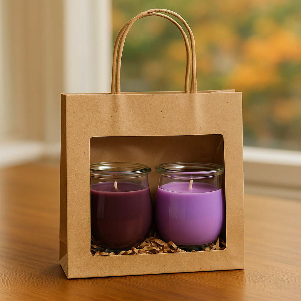 Zwei Mini-Duftkerzen in Lavendel- und Kaschmirfarbe im Weckglas, verpackt in einer naturfarbenen Kraftpapiertüte – Duftset „Zarte Ruhe“ für entspannte Momente.