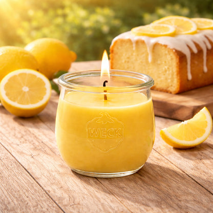 Brennende Zitronenduftkerze im WECK-Glas auf Leinentuch, daneben Zitronenscheiben, im Hintergrund ein Zitronenkuchen und eine Schale mit Zitronen – warmes Licht, gemütliche Stimmung.