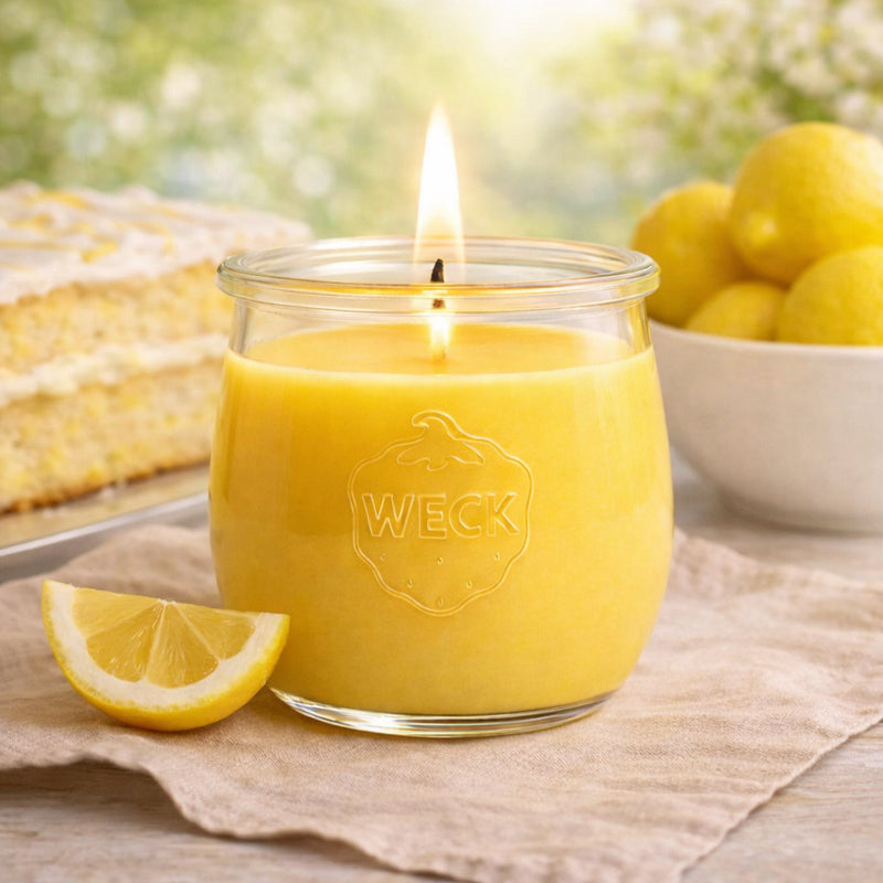 Brennende Zitronenduftkerze im WECK-Glas auf Leinentuch, daneben Zitronenscheiben, im Hintergrund ein Zitronenkuchen und eine Schale mit Zitronen – warmes Licht, gemütliche Stimmung.