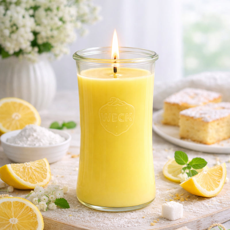 Eine brennende Duftkerze im zitronengelben Wachs steht im Mittelpunkt einer hellen, freundlichen Szene mit Zitronenscheiben, Puderzucker, Minze und einem Teller Zitronenkuchen im Hintergrund. Die Stimmung ist frisch, einladend und appetitlich