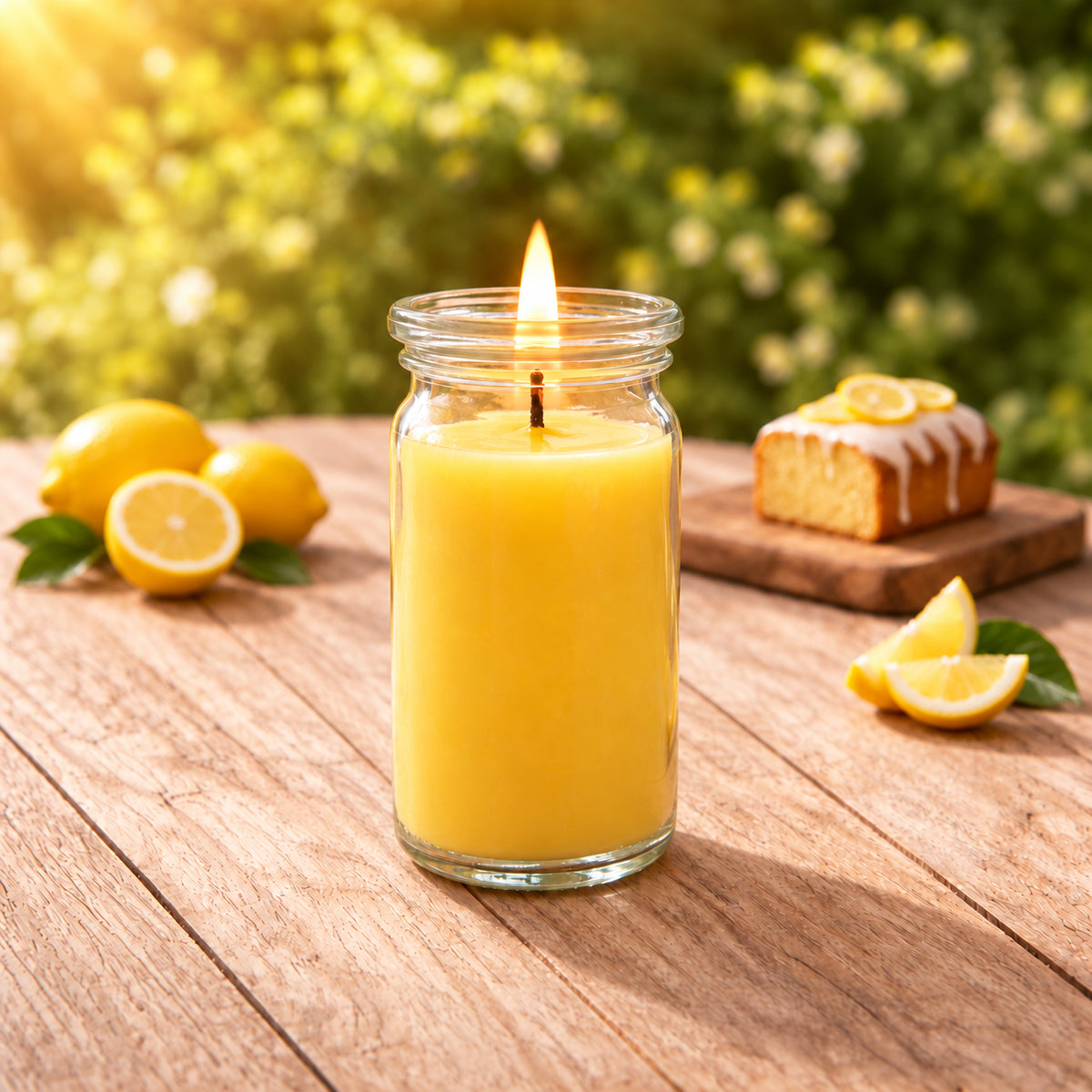 Zitronenkuchen kleine Duftkerze aus Kokoswachs im WECK-Glas von CandleDeko, gelb und brennend neben feinem Gebäck.