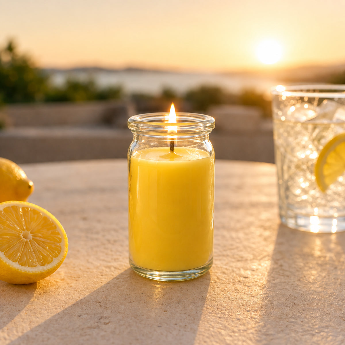 Zitronentee kleine Duftkerze aus Kokoswachs im WECK-Glas neben frischen Zitronenscheiben und Teeblättern.