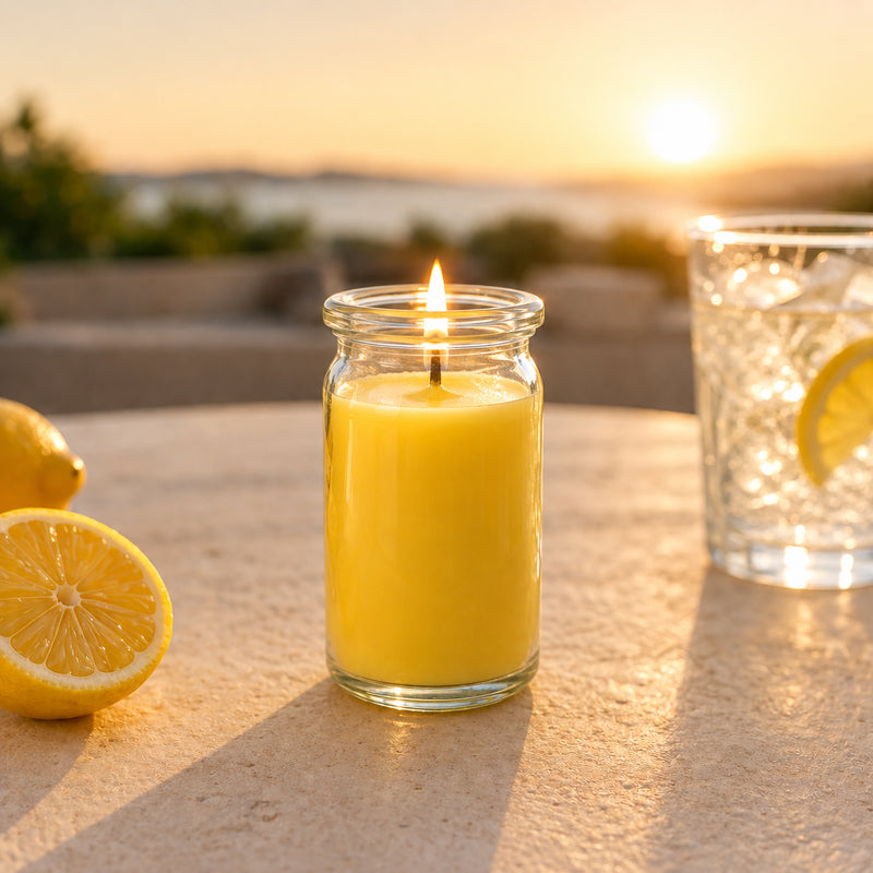 Zitronentee kleine Duftkerze aus Kokoswachs im WECK-Glas neben frischen Zitronenscheiben und Teeblättern.
