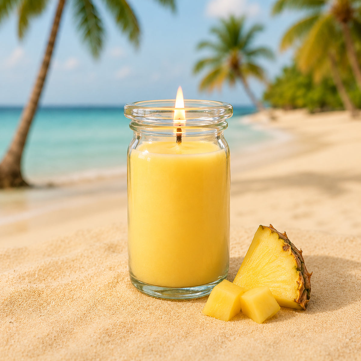 Ananas kleine Duftkerze aus Kokoswachs im WECK-Glas von CandleDeko, im Sand vor Strand und Palmen.
