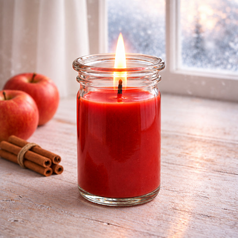 Apfel-Zimt Duftkerze aus Kokoswachs im originalen WECK-Glas von CandleDeko, rot und brennend auf der Fensterbank neben Zimtstangen vor verschneitem Fenster.