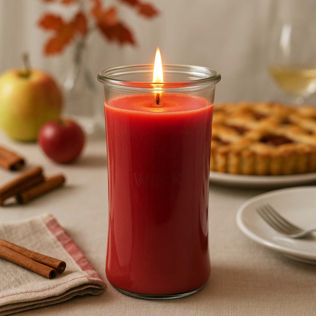 Brennende rote CandleDeko Apfel-Zimt XXL Duftkerze im WECK-Sturzglas neben Zimtstangen vor einem Lichtermeer.