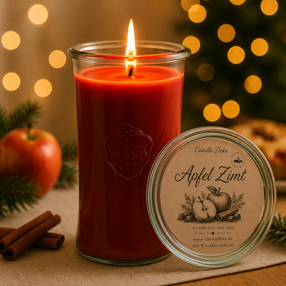 Apfel Zimt XXL Duftkerze im WECK-Glas vor weihnachtlichem Lichterhintergrund
