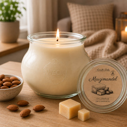 Marzipan-Mandel Grande Duftkerze mit 140 Std. Brenndauer aus Sojawachs im WECK-Schmuckglas von CandleDeko, mit Mandeln und Marzipan.