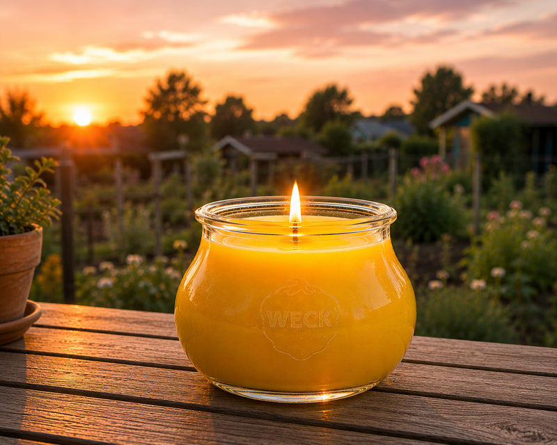 CandleDeko Grande Duftkerze Citronella im großen WECK-Schmuckglas mit gelbem Pflanzenwachs und brennendem Kreuz-Holzdocht auf einer Terrasse bei warmem Sonnenuntergang.