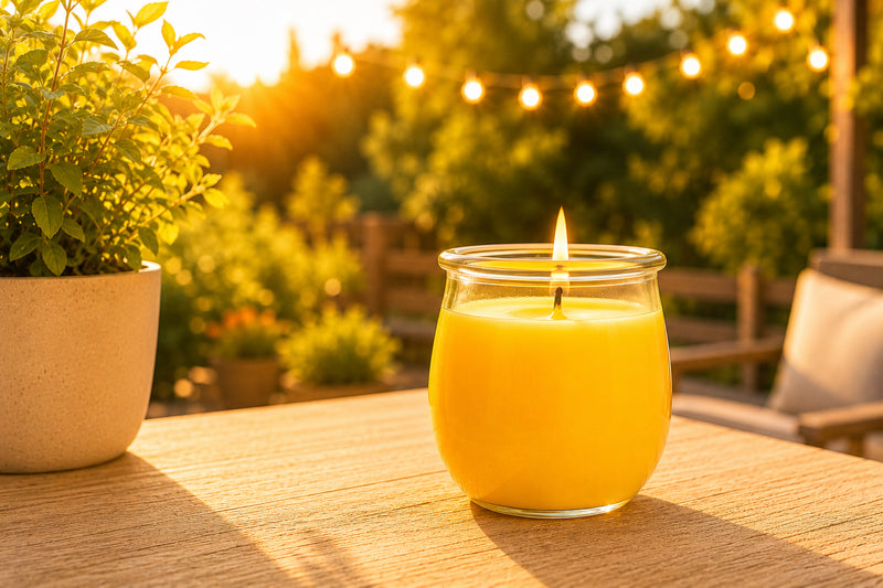 CandleDeko große Duftkerze Citronella im WECK-Glas mit gelbem Pflanzenwachs und brennender Flamme auf einer sommerlichen Terrasse bei warmem Abendlicht.
