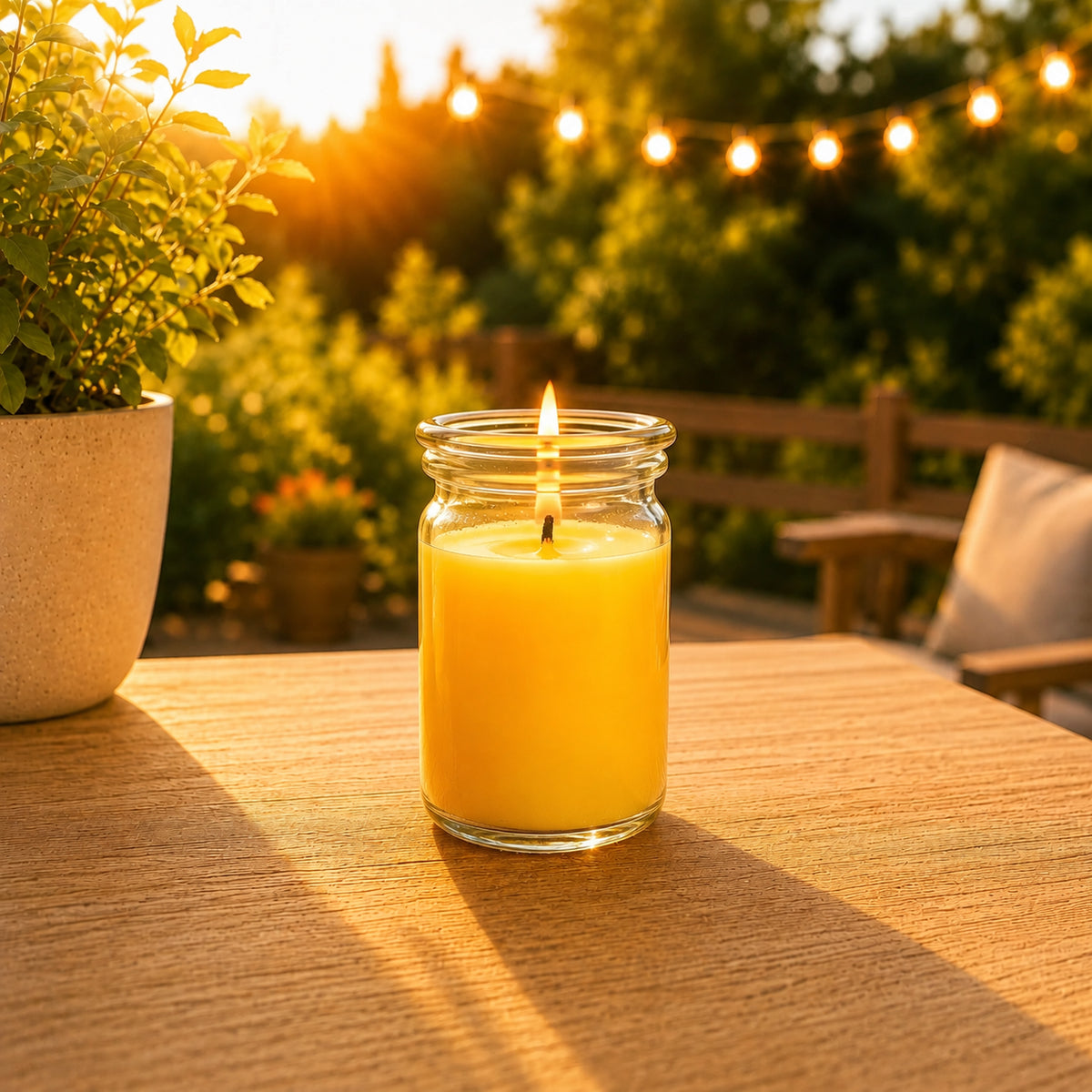 Citronella Duftkerze klein aus Kokoswachs im WECK-Glas auf Holztisch vor leuchtender Lichterkette bei Sonnenuntergang.