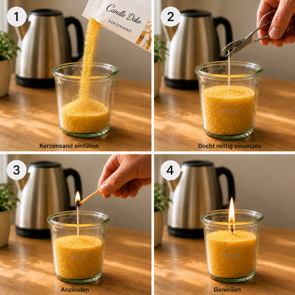 Eine vierteilige CandleDeko Anleitung für Duft-Kerzensand im WECK-Glas: 1. Kerzensand einfüllen, 2. Docht mittig einsetzen und mit der Schere kürzen, 3. Mit einem Streichholz anzünden, 4. Das fertige Kerzenlicht genießen.