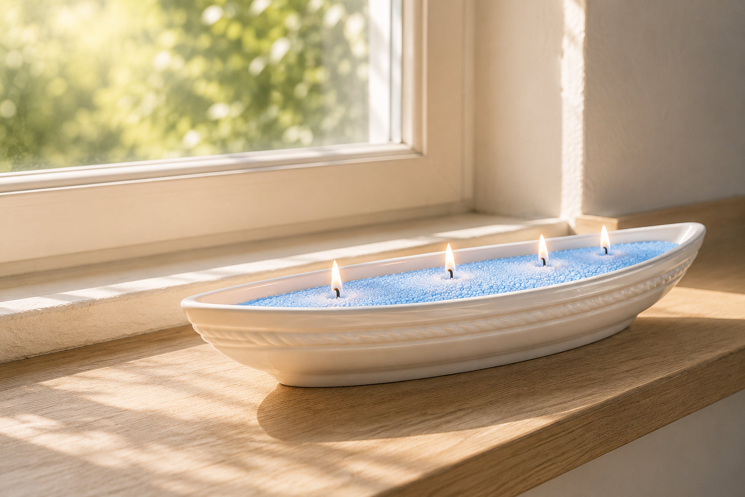 Hellblauer CandleDeko Duft-Kerzensand Frische Wäsche brennt mit vier Dochten in einer weißen, bootsförmigen Kerzenschale aus Keramik auf einer hölzernen Fensterbank im Sonnenlicht.