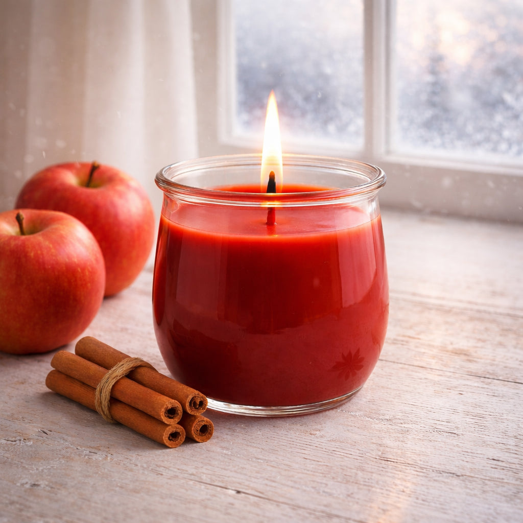 Brennende rote CandleDeko Apfel-Zimt Duftkerze im WECK-Glas auf Fensterbank neben Zimtstangen vor verschneitem Fenster.