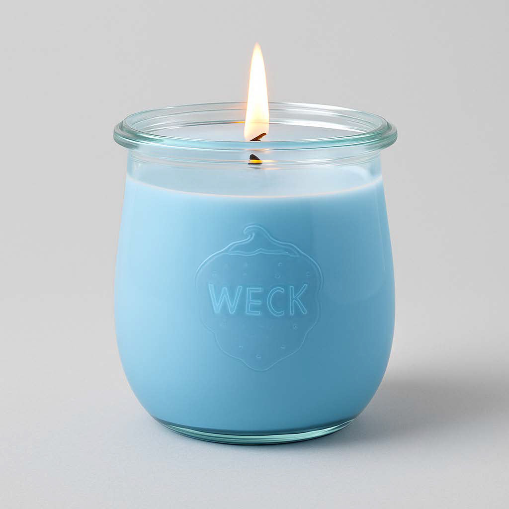 Brennende hellblaue CandleDeko große Duftkerze im originalen WECK-Glas vor einem neutralen Hintergrund.