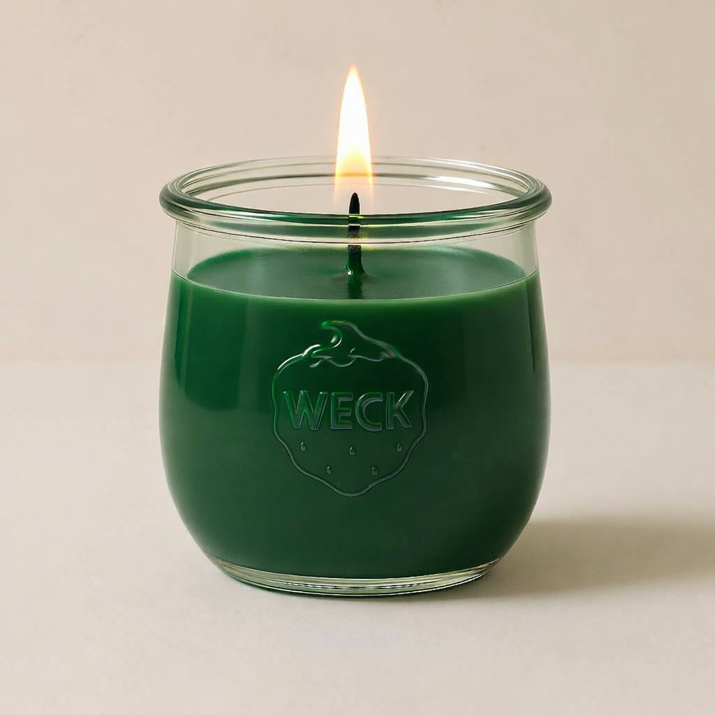 Brennende grüne CandleDeko große Duftkerze im originalen WECK-Glas vor einem neutralen Hintergrund