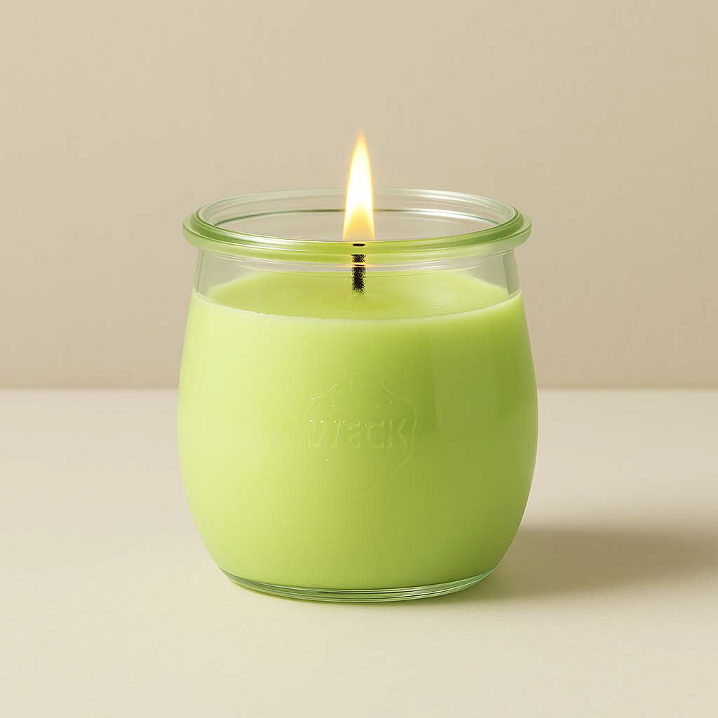 Brennende hellgruene CandleDeko grosse Duftkerze im WECK-Tulpenglas vor neutralem Hintergrund.