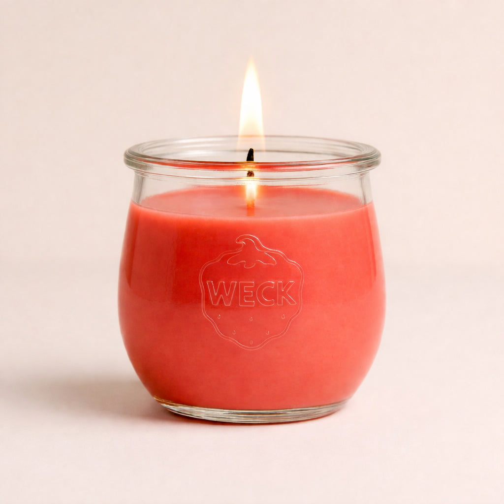 CandleDeko große Duftkerze Erdbeerkuchen im WECK-Glas mit brennender Flamme als neutrales Produktbild.