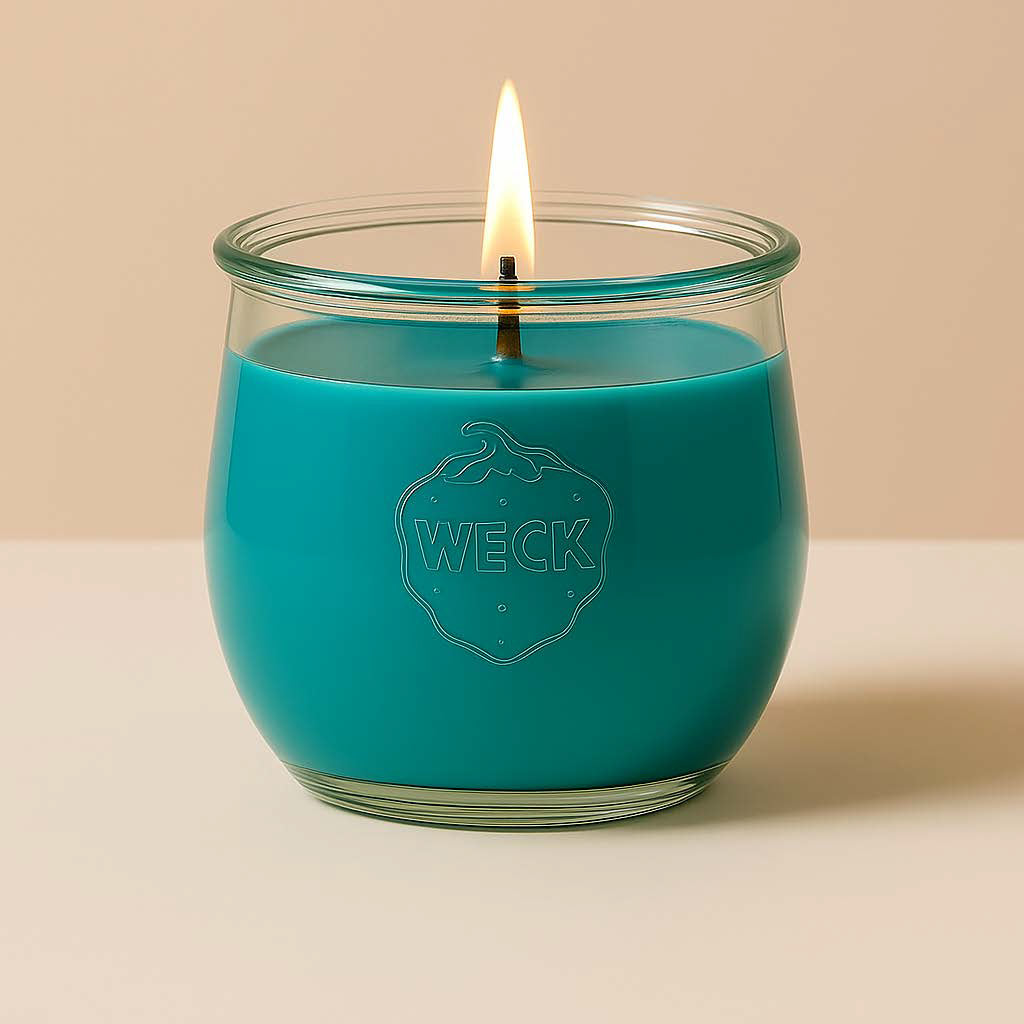 Brennende türkise CandleDeko große Duftkerze im originalen bauchigen WECK-Glas vor neutralem Hintergrund.