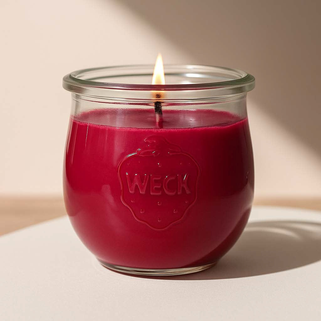 Brennende rote CandleDeko große Duftkerze im originalen WECK-Glas vor einem neutralen Hintergrund.