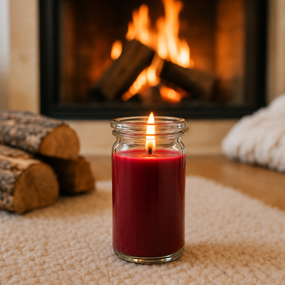 Kaminfeuer kleine Duftkerze aus Kokoswachs im originalen WECK-Glas von CandleDeko, dunkelrot und brennend auf Holztisch vor einem prasselnden Kaminfeuer.