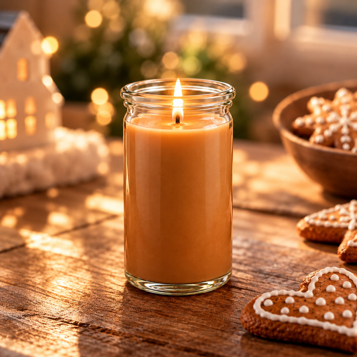 Duftkerze „Lebkuchenzeit“ aus natürlichem Kokoswachs mit intensivem Dufterlebnis im WECK-Glas, dekoriert mit Lebkuchen.