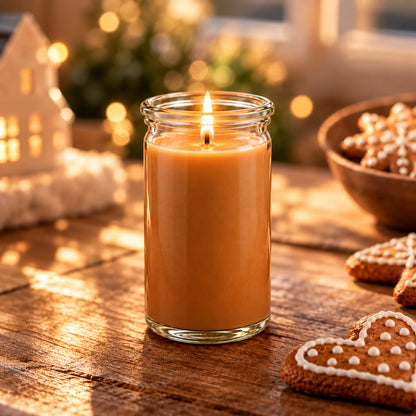Duftkerze „Lebkuchenzeit“ aus natürlichem Kokoswachs mit intensivem Dufterlebnis im WECK-Glas, dekoriert mit Lebkuchen.