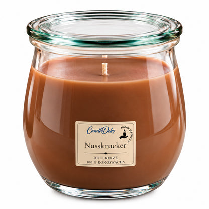 Duftkerze Nussknacker von CandleDeko aus Kokoswachs im WECK-Glas.