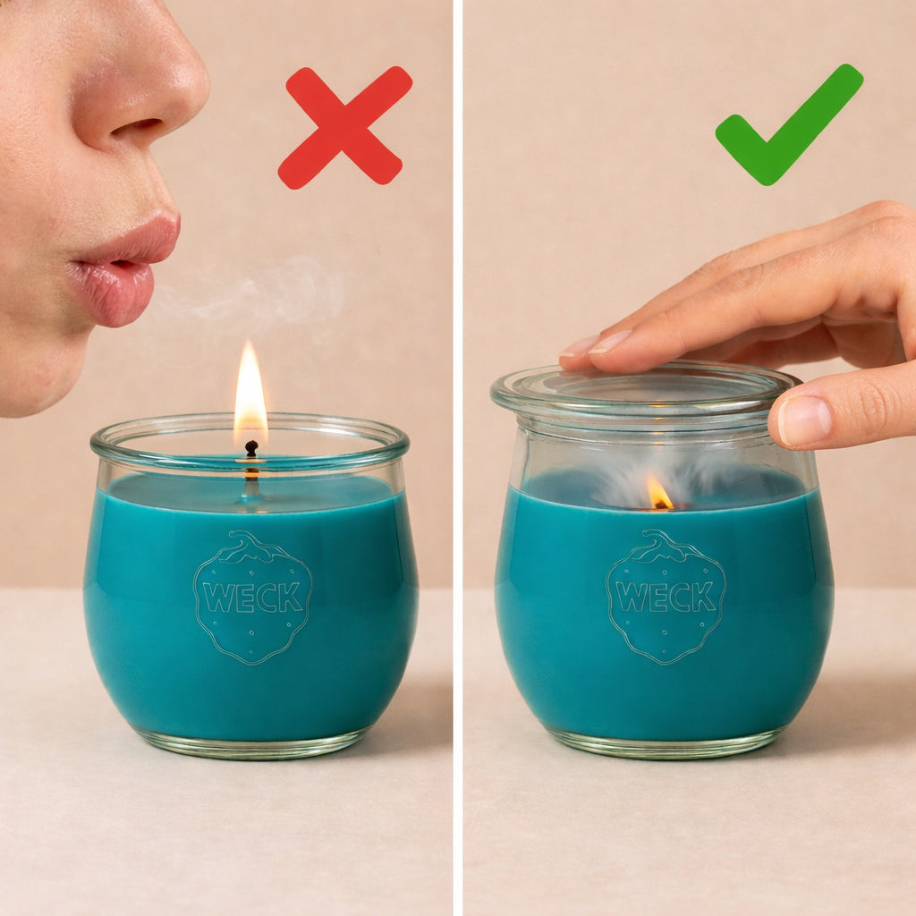 Anleitung: CandleDeko Duftkerze im WECK®-Glas richtig löschen – Glasdeckel auflegen statt auspusten.