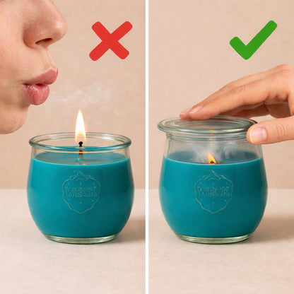 Anleitung: Eine CandleDeko Duftkerze im WECK-Glas richtig löschen durch Auflegen des Glasdeckels statt Auspusten.